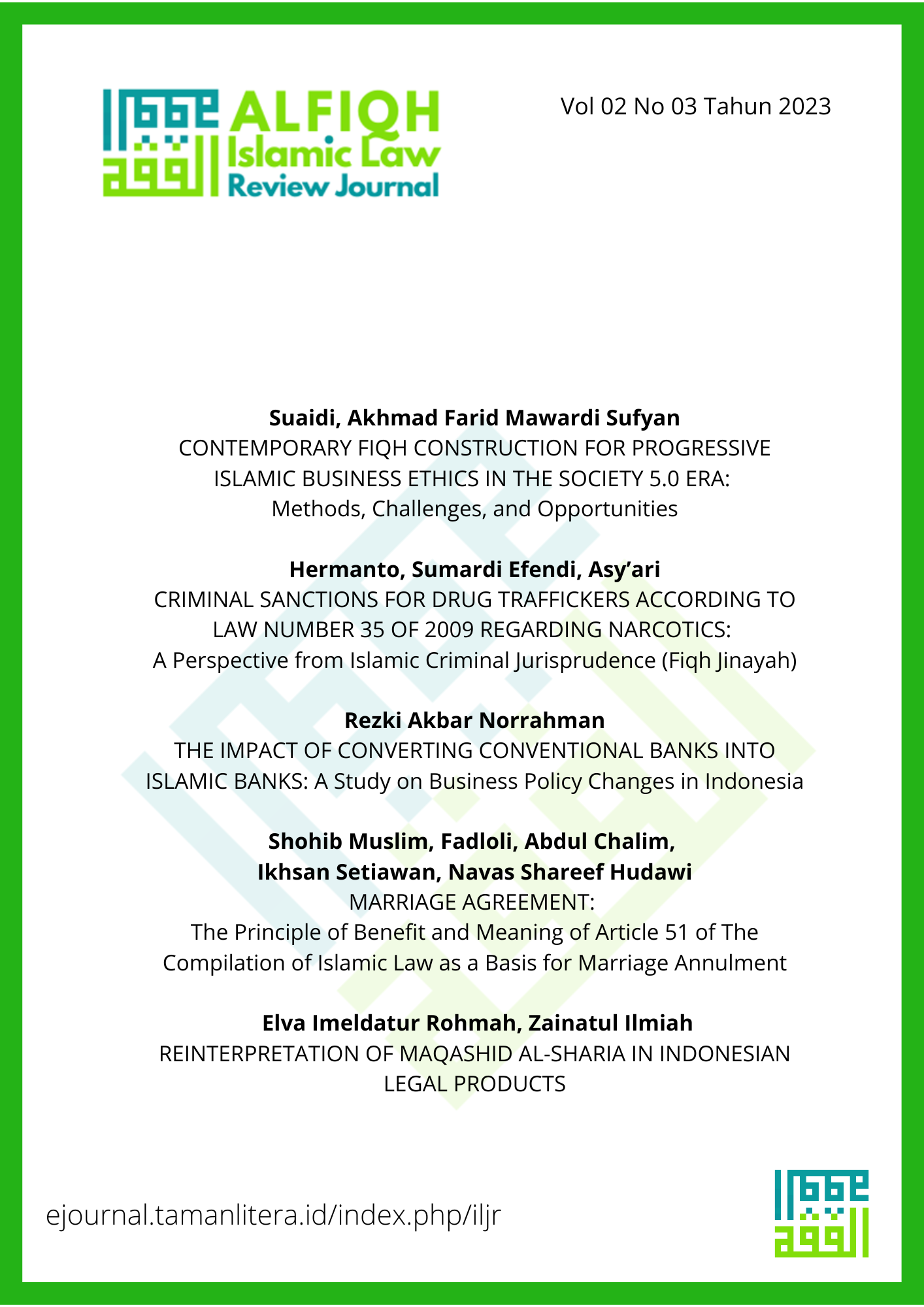 View Vol. 2 No. 3 (2023): December, ALFIQH Islamic Law Review Journal